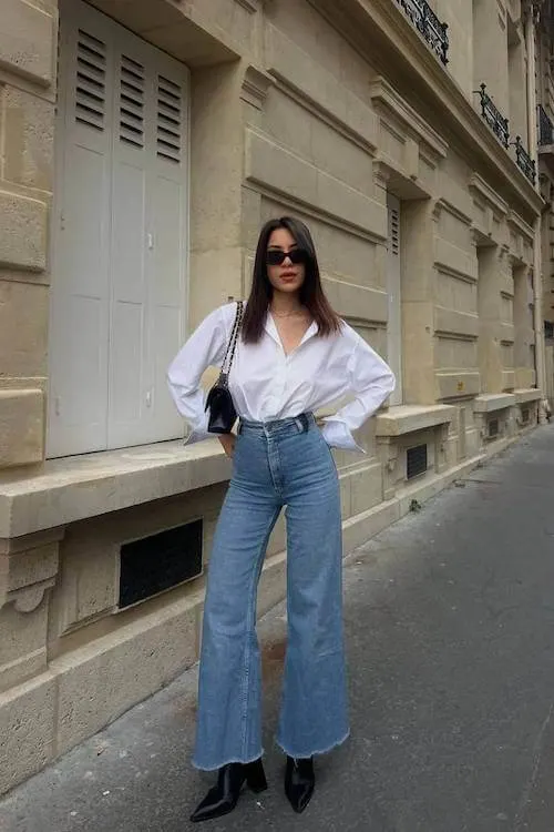trendy wide leg jeans outfit