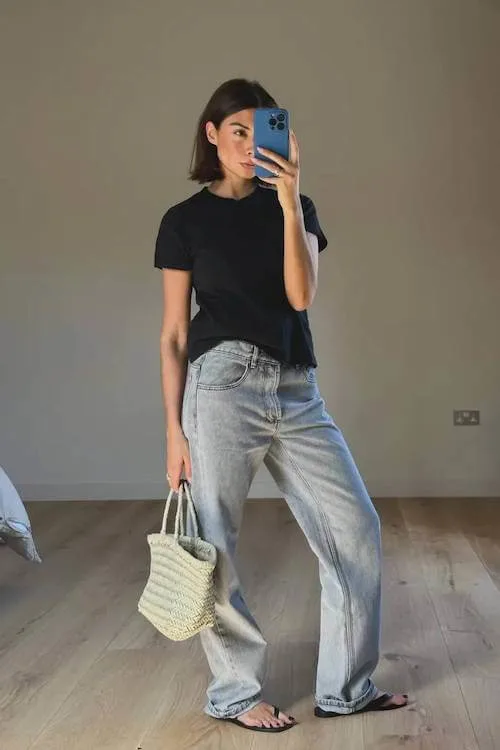 trendy wide leg jeans outfit