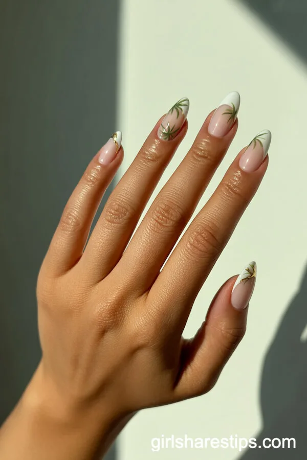 Modern French Tips with Palm Tree Nail Accents
