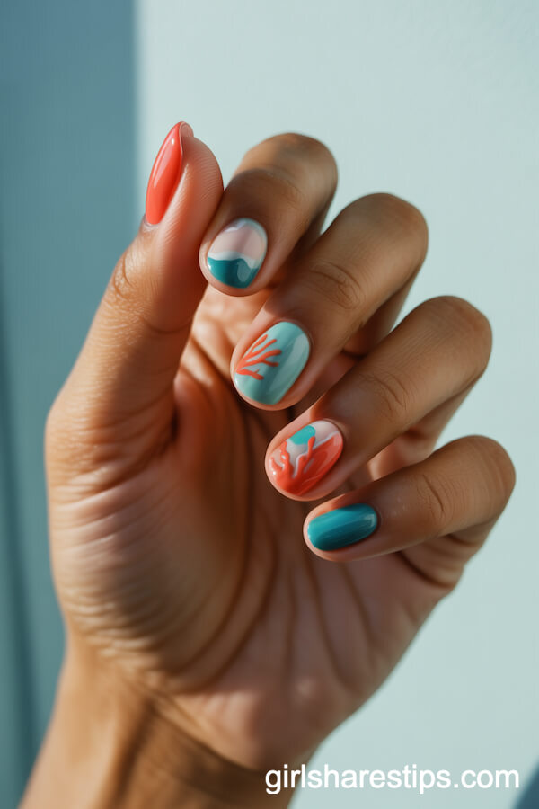 Coral Reef Inspired Almond Nails