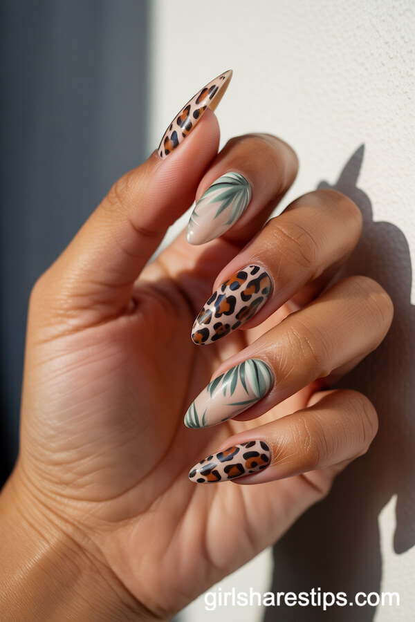 Jungle Animal Print and Tropical Leaf Stiletto Nails