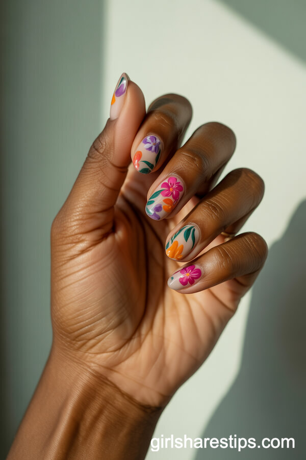 Vibrant Mixed Tropical Floral Nails