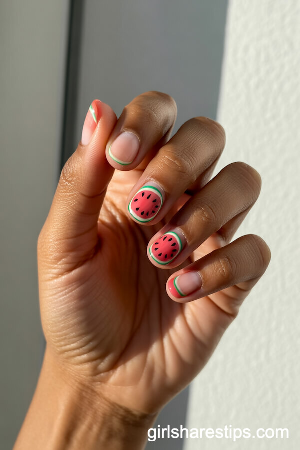 Playful Watermelon Slice Oval Nails