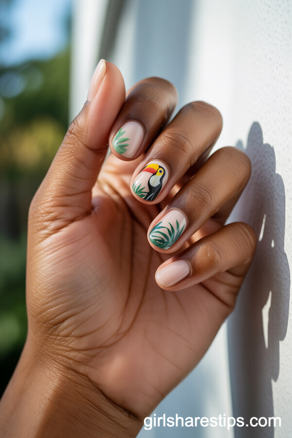 Toucan and Jungle Foliage Squoval Nails