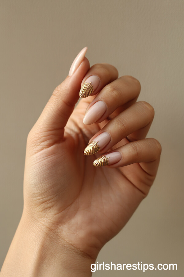 Nude Almond Nails with Gold Palm Fronds