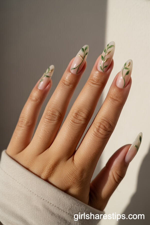 Intricate Green Vine and Gold Leaf Almond Nails