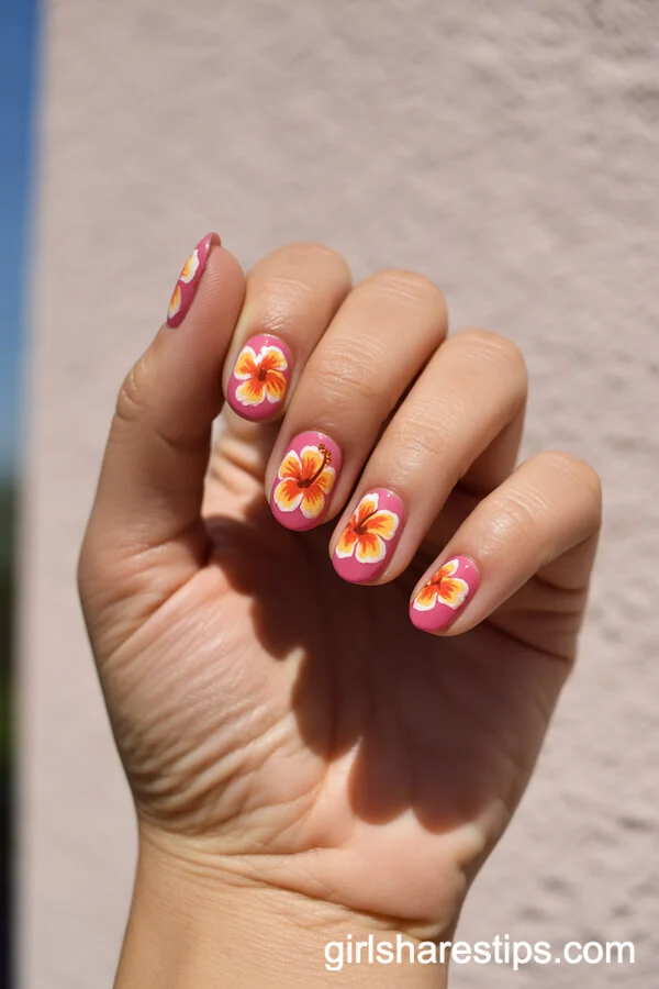 Vibrant Pink Hibiscus Flower Nail Art