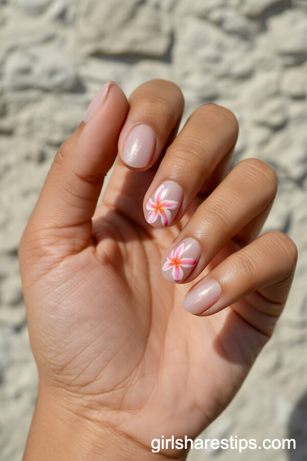 Pink Plumeria Flower Oval Nails with Sparkle
