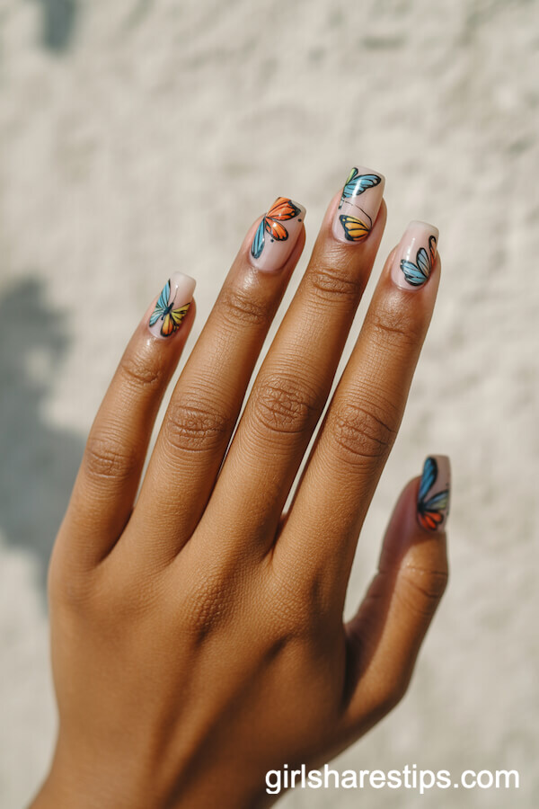 Tropical Butterfly Nail Art on Nude Square Nails
