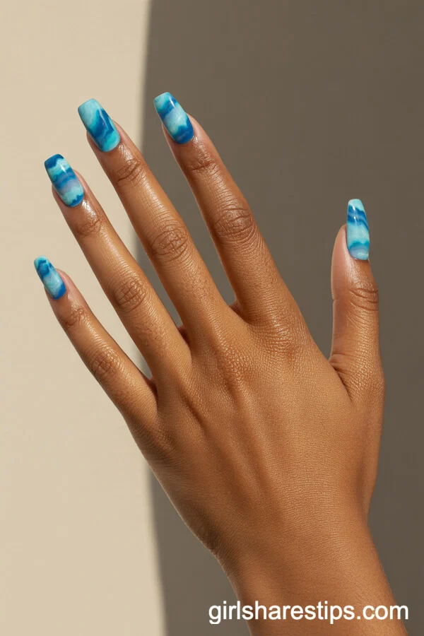 Blue & Turquoise Ocean Marble Nails