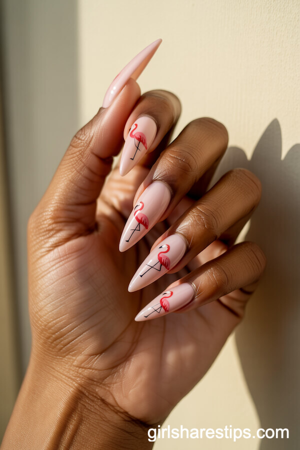 Pastel Pink Flamingo Stiletto Nails
