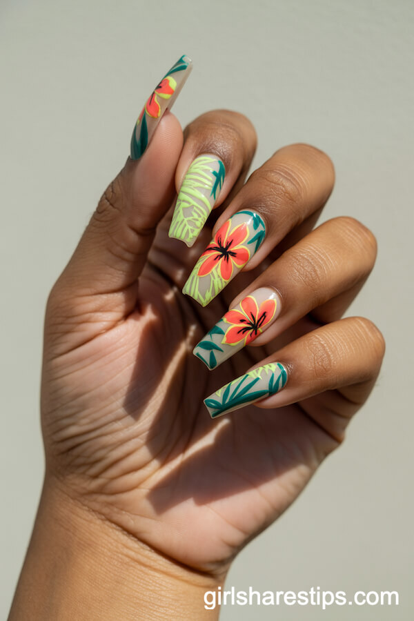 Neon Tropical Flowers and Foliage Coffin Nails