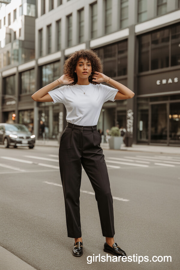 Classic White T-Shirt with Black Tailored Trousers