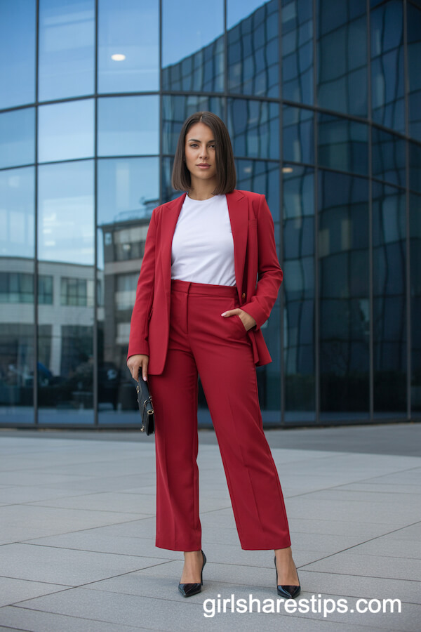 White T-Shirt with Red Tailored Suit