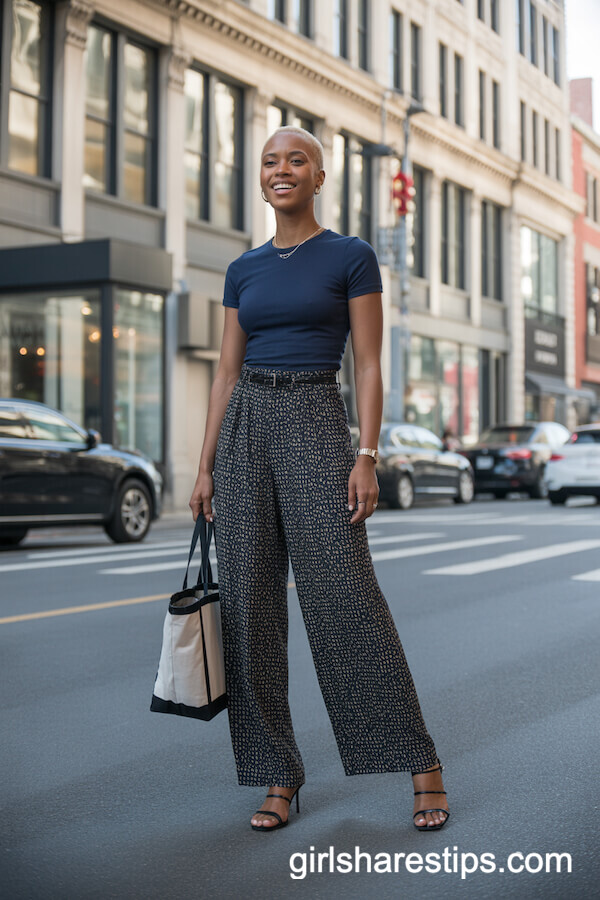 Navy T-Shirt with Printed Statement Trousers