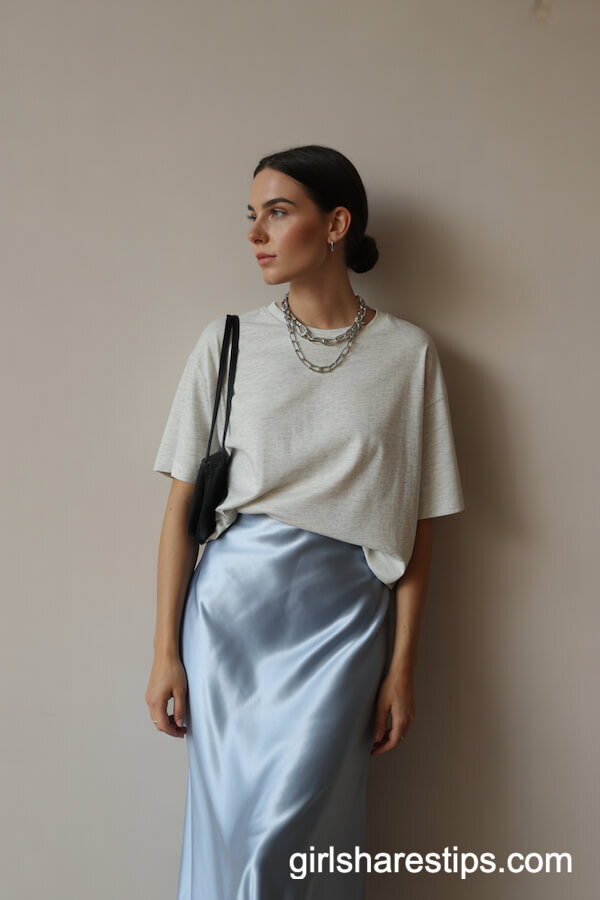 Grey T-Shirt with Pale Blue Satin Skirt