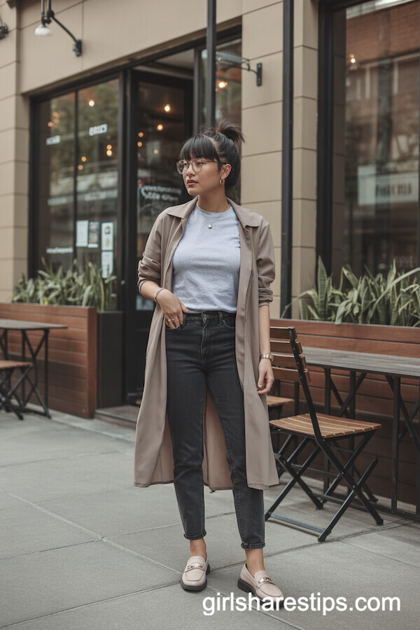 Grey T-Shirt with Beige Duster and Jeans