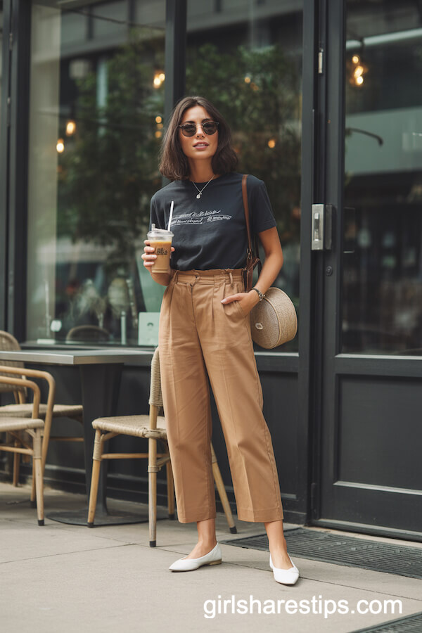 Black Graphic T-Shirt with Camel Cropped Trousers