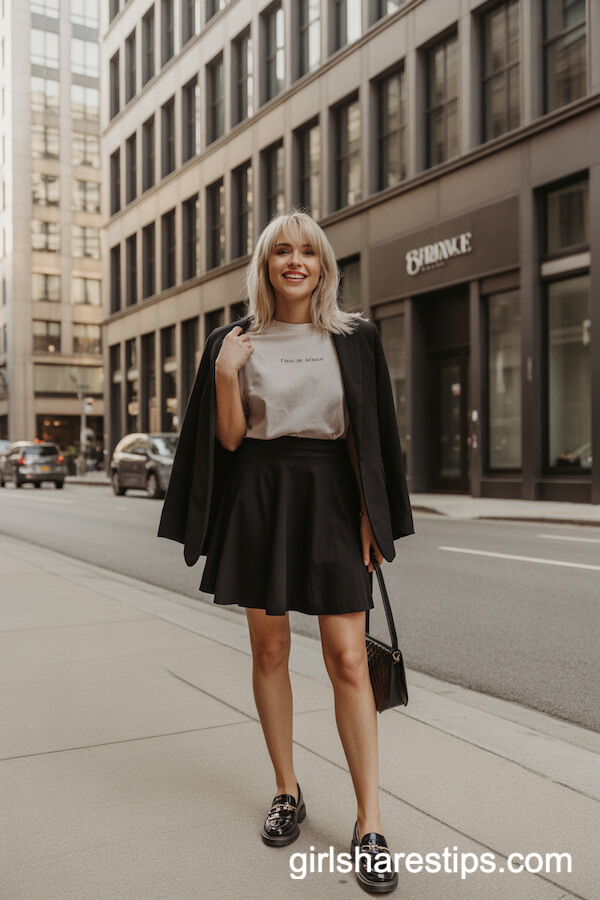 Graphic T-Shirt with A-Line Skirt and Blazer