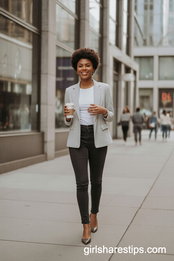 White T-Shirt with Grey Blazer and Skinny Jeans