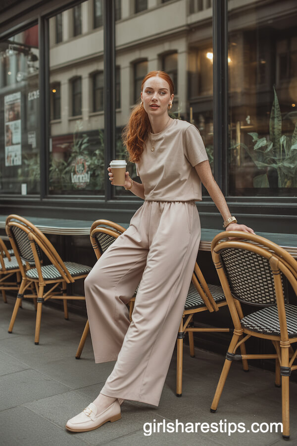 Beige T-Shirt with Wide-Leg Pants