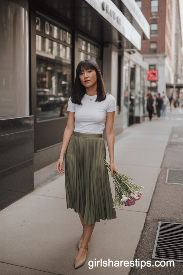 White T-Shirt with Olive Green Midi Skirt