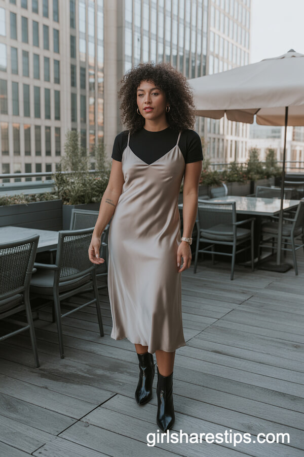 Black T-Shirt under Champagne Slip Dress