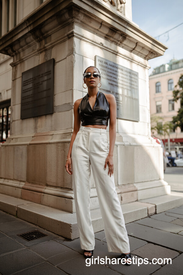 White High-Waisted Pants with Bold Crop Top