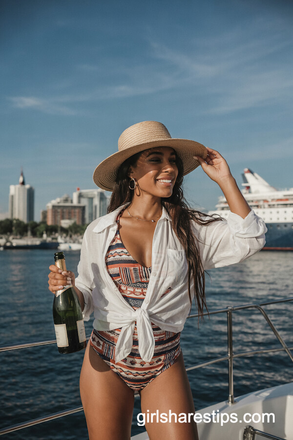 Patterned Swimsuit and Oversized Shirt on a Yacht