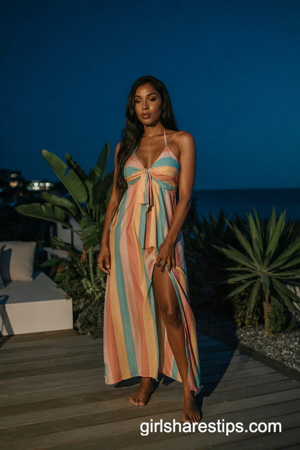Striped Maxi Dress with Thigh-High Slit at Night