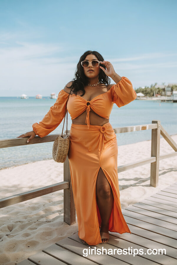 Bright Orange Off-Shoulder Set with Maxi Skirt Beachside