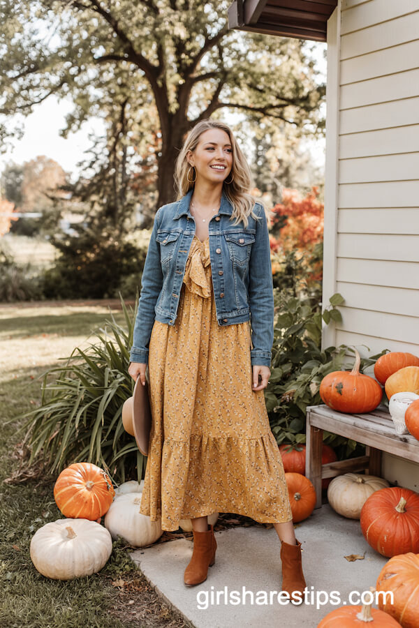 Denim Jacket Layered over Mustard Midi Dress