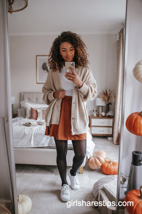 Oversized Cardigan with Rust Mini Skirt