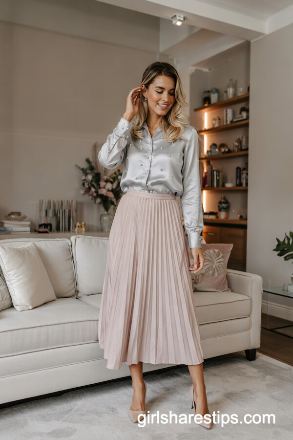 Pearl-Embellished Blouse and Pleated Skirt