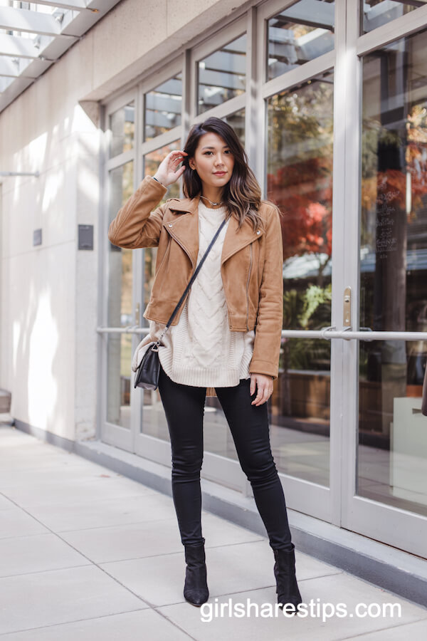 Suede Moto Jacket and Pullover with Black Jeans