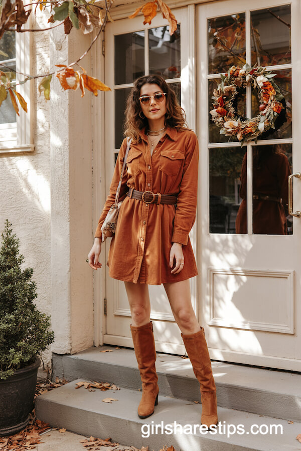 Rust Corduroy Mini Dress and Tall Boots