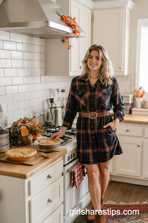 Navy Flannel Shirt Dress with Booties