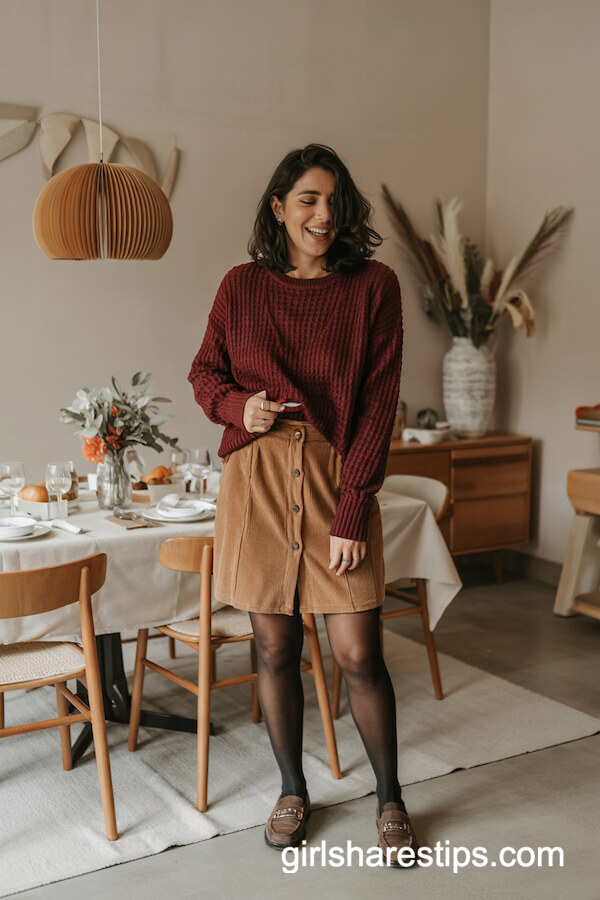 Chunky Red Sweater with Camel Cord Skirt