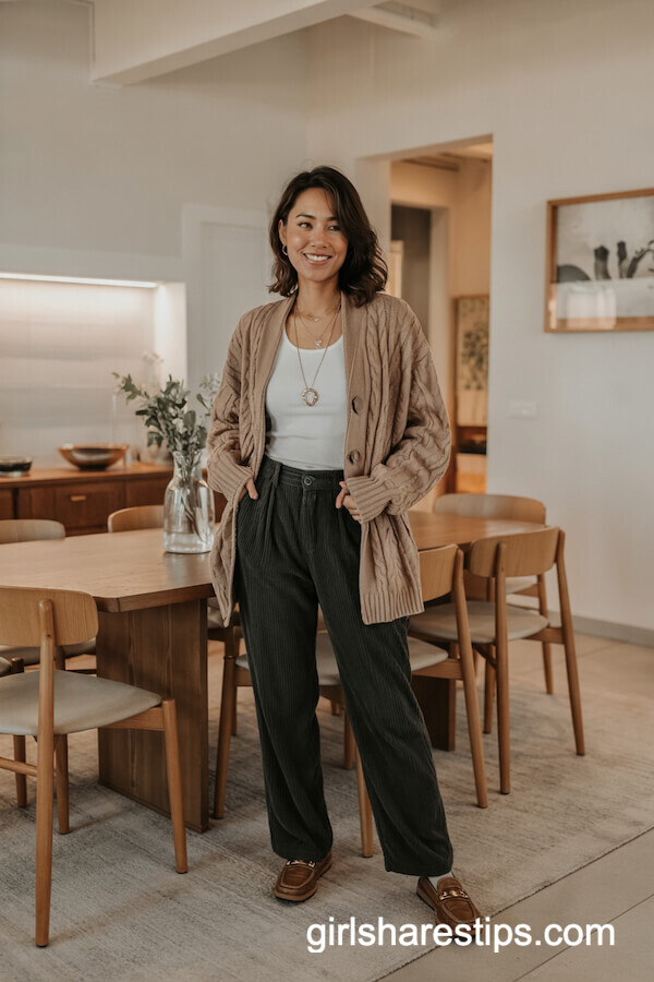 Green Corduroy Pants with Chunky Knit Cardigan