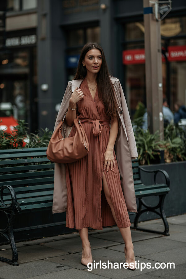 Sleeveless Rust Midi Dress and Light Grey Coat