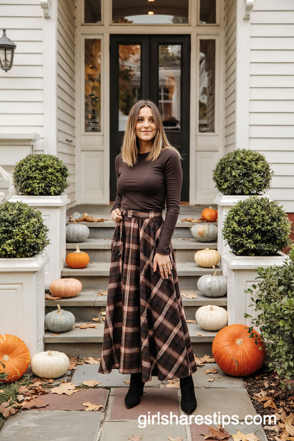Plaid Maxi Skirt and Fitted Top Ensemble