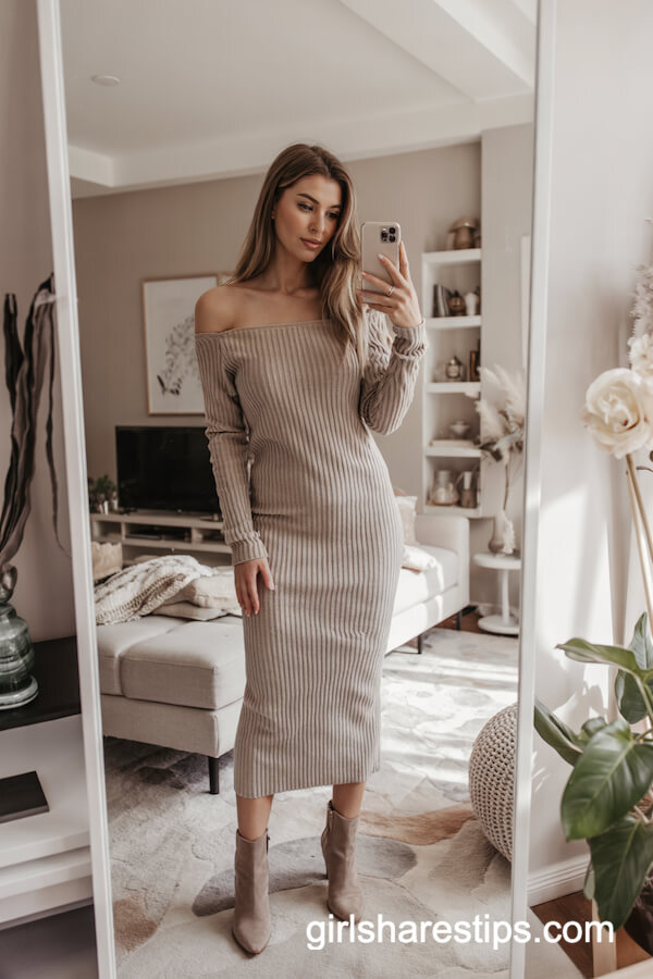 Off-Shoulder Ribbed Dress with Taupe Boots