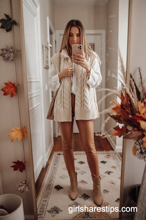 Cream Cable Vest and Faux Leather Leggings