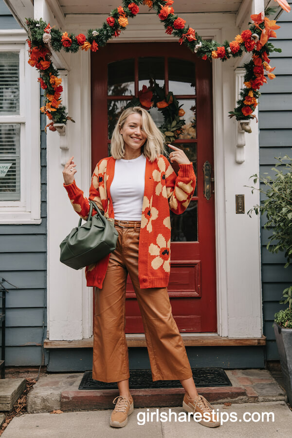 Orange Cardigan and Cropped Pants Style