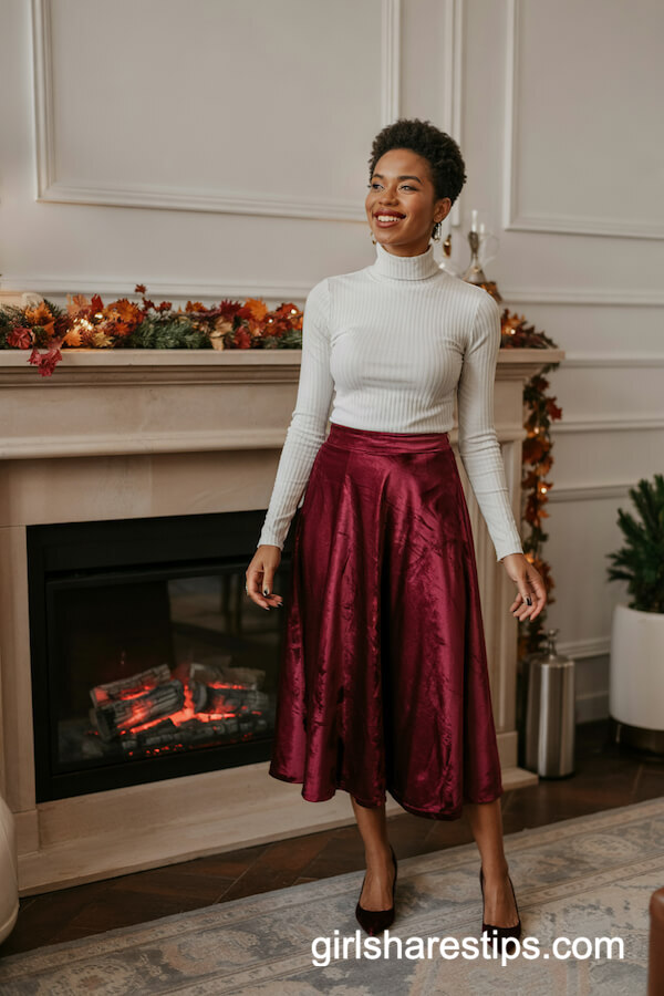 Velvet Midi Skirt Paired with Turtleneck