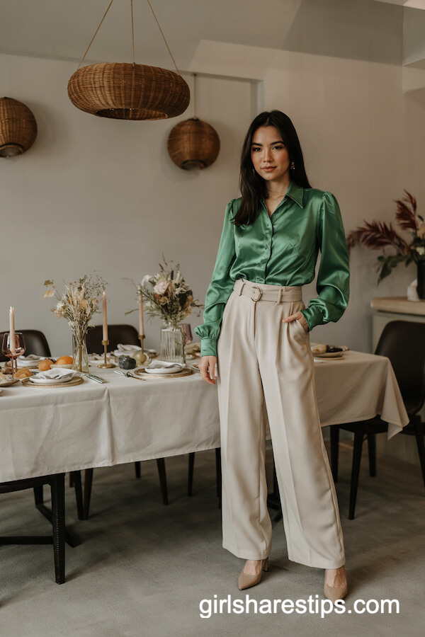 Emerald Satin Blouse and Wide-Leg Trousers