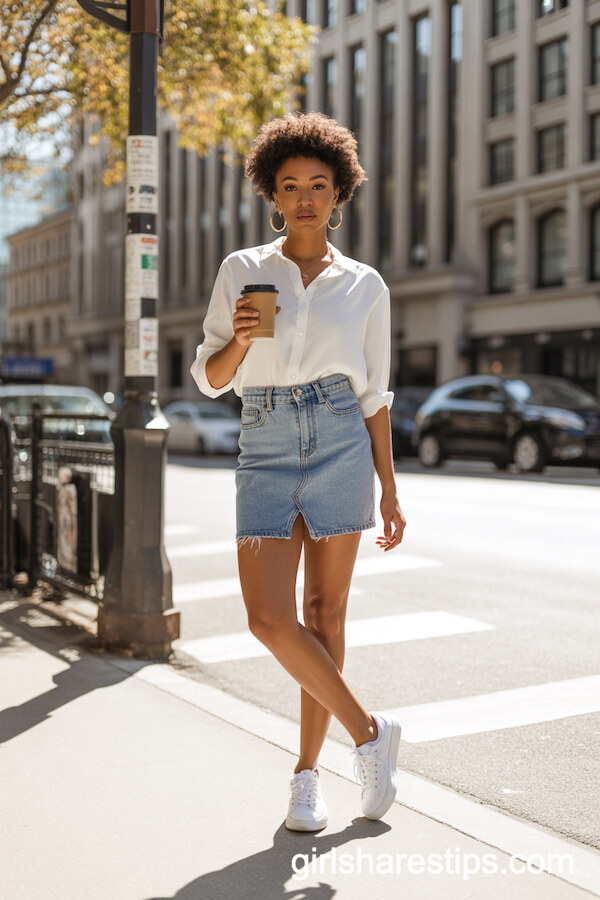Denim mini skirt with white blouse