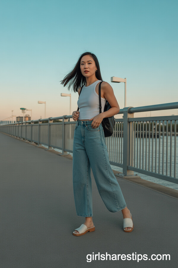 Layered tanks with wide-leg jeans