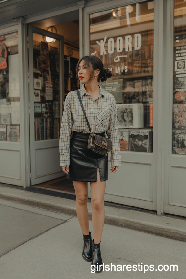 Leather skirt with plaid shirt