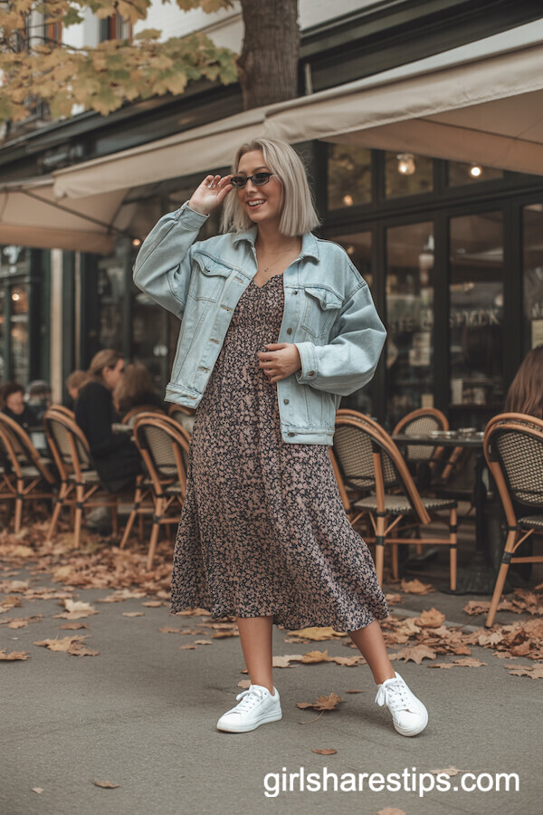 Floral midi dress with denim jacket